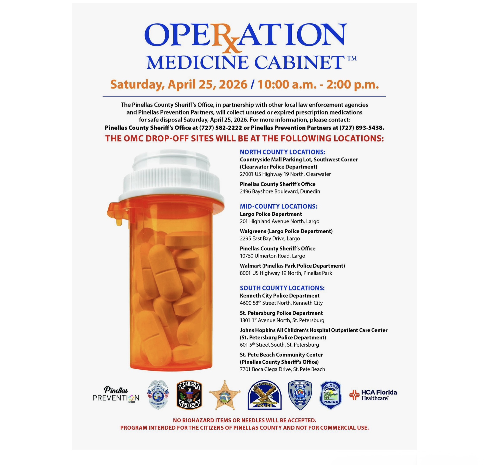 Operation medicine cabinet flyer with a prescription pill bottle and a list of drop-off sites