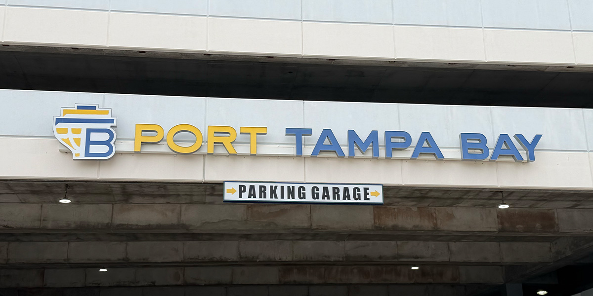 Port Tampa Bay parking garage sign. Located at 810 Channelside Drive