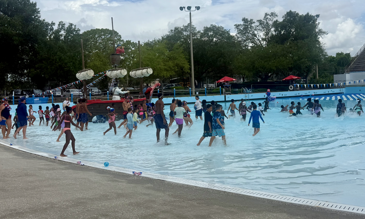 children entering the public pool