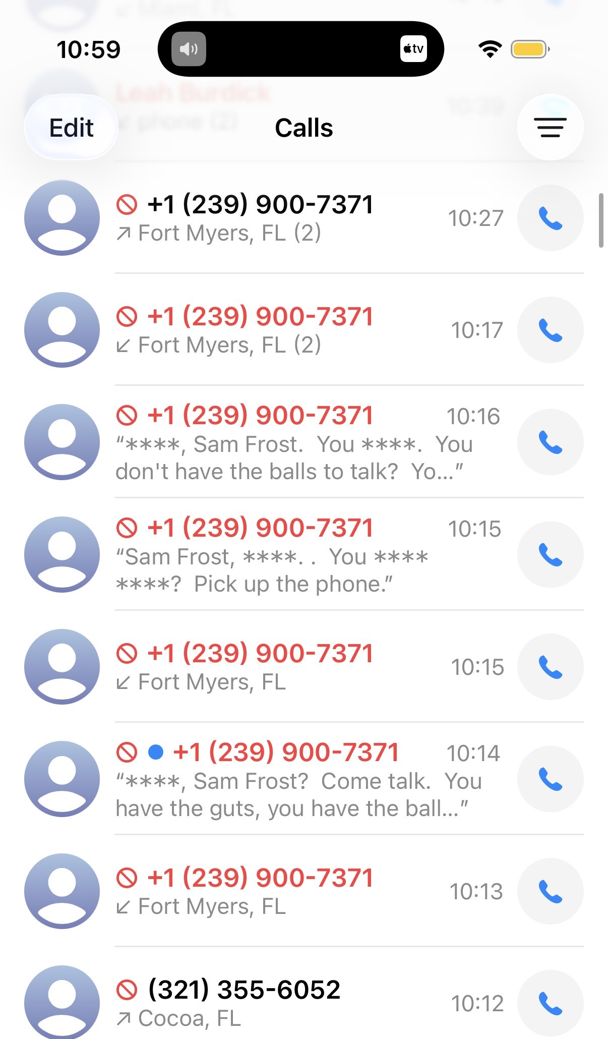Call log showing repeated calls from EMA's Fort Myers and Orlando numbers on Aug. 19, 2026