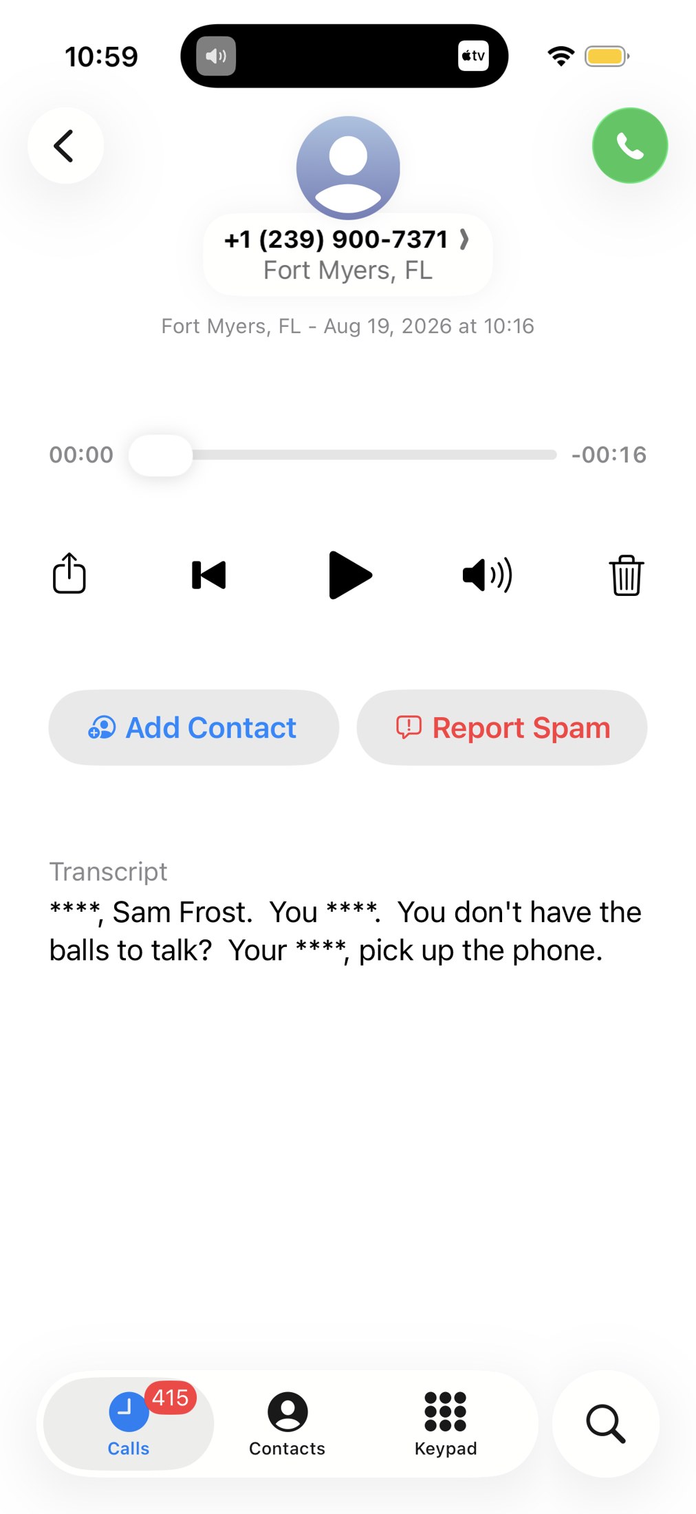 Voicemail screenshot from 239-900-7371 at 10:16 a.m. naming Sam Frost