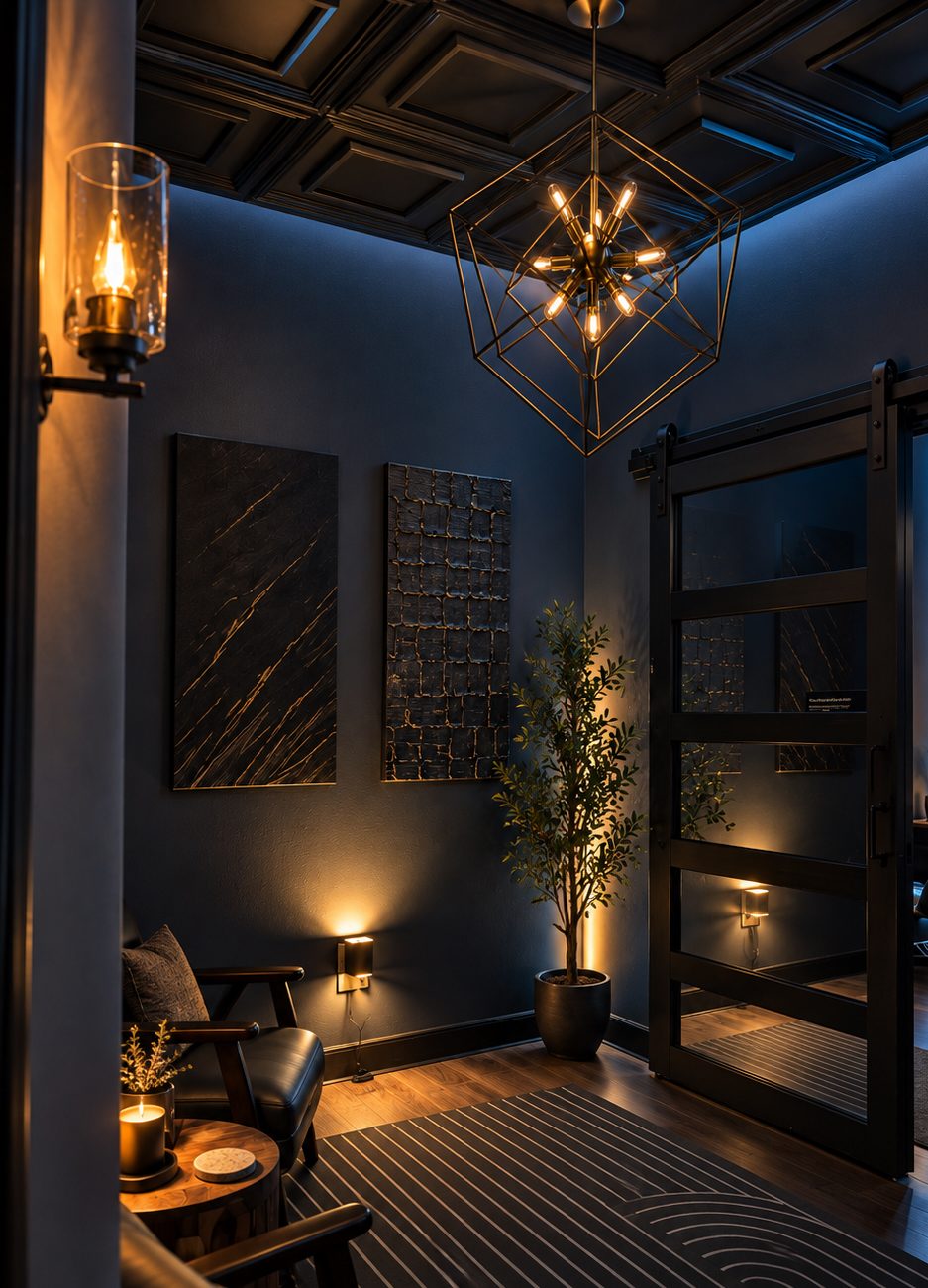 Massage table with towels and oils in a calm, dimly lit treatment room.