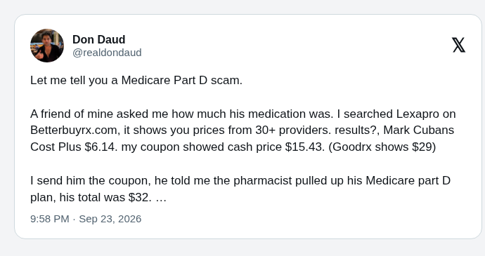 Excerpt of Don Daud's Sept. 23 post on X about Lexapro prices on BetterBuyRx, Cost Plus Drugs, GoodRx and Medicare Part D